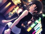  1girl bare_arms black_hair black_vest blue_eyes blue_pants blurry blurry_background bracelet closed_mouth covered_nipples dutch_angle game_cg holding_hands jewelry kawagishi_keitarou lee_jinchu looking_at_viewer looking_back maji_de_watashi_ni_koi_shinasai! night outdoors pants shiny shiny_hair shirt short_hair sleeveless sleeveless_shirt smile solo_focus straight_hair vest white_shirt 