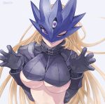  1girl bangs beelstarmon black_gloves black_jacket blonde_hair breasts claws cropped_jacket digimon digimon_(creature) digimon_tamers genderswap genderswap_(mtf) gloves grey_background hands_up highres jacket large_breasts long_hair mask nagoshi purple_eyes simple_background smile solo third_eye tongue tongue_out upper_body 