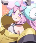  1girl asa_ifrit_(asaifrit) character_hair_ornament commentary_request copyright_name eyelashes green_hair grey_shirt grin hair_ornament hexagon_print highres iono_(pokemon) jacket long_hair pink_hair pokemon pokemon_(game) pokemon_sv purple_eyes sharp_teeth shirt sleeveless sleeveless_shirt smile solo star_(symbol) star_in_eye symbol_in_eye teeth upper_body yellow_jacket 