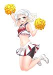  1girl absurdres alternate_costume bike_shorts black_shorts blue_eyes cheerleader commentary_request crop_top highres holding holding_pom_poms kantai_collection makura_(y_makura) midriff multicolored_clothes natsugumo_(kancolle) pleated_skirt pom_pom_(cheerleading) shirt short_hair shorts shorts_under_skirt simple_background skirt sleeveless sleeveless_shirt solo white_background white_hair white_shirt 