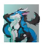  anthro artist_name black_body black_fur blue_body blue_fur border bust_portrait cheek_tuft chest_tuft dragon elbow_tuft facial_tuft fur furred_dragon half-length_portrait hand_behind_head hand_on_hip head_tuft hi_res horn male narrowed_eyes nude orange_eyes portrait pupils shoulder_tuft simple_background slit_pupils solo three-quarter_view tuft white_body white_border white_fur white_horn yookie 