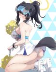  1girl 96nokimihito absurdres animal_ears ass back bare_shoulders black_hair blue_archive blue_eyes breasts cheerleader crop_top dog_ears dog_girl dog_tail eyewear_on_head gloves goggles goggles_on_head halo hibiki_(blue_archive) hibiki_(cheerleader)_(blue_archive) highres kneeling long_hair looking_at_viewer medium_breasts official_alternate_costume panties pom_pom_(cheerleading) pom_pom_(clothes) ponytail shoes simple_background skirt solo sticker sticker_on_face tail underwear white_background white_footwear white_gloves white_panties 