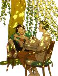  2boys ^_^ black_hair book chair chizuko_(chiduk0) closed_eyes dappled_sunlight feet_on_chair green_shirt grin holding holding_book male_focus monkey_d._luffy multiple_boys on_chair one_piece open_clothes open_shirt plant scar scar_on_chest shirt short_hair sitting sitting_on_pillow smile sunlight trafalgar_law tree white_shirt willow 