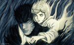  1boy 1girl aki_(akistrike) artist_name berserk black_hair closed_mouth commentary darkness english_commentary grabbing grabbing_from_behind guts_(berserk) looking_to_the_side one_eye_closed schierke_(berserk) serious short_hair soul spiked_hair spirit 