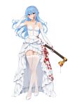  1girl axe bangs blood blood_on_axe blood_on_clothes blood_on_face blue_eyes blue_hair blush breasts collarbone crossed_legs dress elbow_gloves frilled_dress frills full_body garter_straps gloves golden_axe_(weapon) high_heels highres holding holding_axe hololive hoshimachi_suisei jewelry long_hair looking_at_viewer medium_breasts necklace parted_lips simple_background smile solo standing star_(symbol) star_in_eye strapless strapless_dress symbol_in_eye terry_(pixiv3274443) thighhighs thighs toe_cleavage virtual_youtuber watson_cross wedding_dress white_background white_dress white_footwear white_garter_straps white_gloves white_thighhighs zettai_ryouiki 