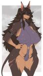  anthro big_breasts breasts canid carsen female hair half-closed_eyes hi_res huge_breasts long_hair mammal muscular narrowed_eyes nipple_outline pubes scar solo standing steam tagme wide_hips 