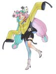  1girl alice_(plus392133645) arm_up bangs black_shorts boots character_hair_ornament commentary_request full_body green_hair grey_footwear hair_ornament high_heel_boots high_heels iono_(pokemon) jacket long_hair multicolored_hair pokemon pokemon_(game) pokemon_sv purple_eyes purple_hair sharp_teeth shirt shorts single_leg_pantyhose sleeves_past_fingers sleeves_past_wrists smile solo teeth thigh_strap twintails two-tone_hair white_shirt yellow_jacket 