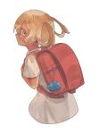  1girl ak_yohuke backpack bag bag_charm blonde_hair blush charm_(object) child commentary_request contemporary cropped_legs dark-skinned_female dark_skin dress female_child hair_rings highres irumyuui looking_to_the_side made_in_abyss orange_eyes randoseru red_bag short_sleeves sideways_glance simple_background solo white_background white_dress 