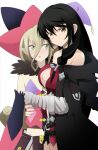  2girls bandaged_arm bandages bangs black_coat black_hair black_sleeves blonde_hair breasts cleavage closed_mouth coat detached_sleeves flat_chest green_eyes groin hair_between_eyes hat hug kairi_(fotune) long_hair looking_at_viewer magilou_(tales) medium_breasts midriff multicolored_sleeves multiple_girls open_clothes open_coat open_mouth pink_sleeves pointy_ears shiny shiny_hair simple_background stomach strapless tales_of_(series) tales_of_berseria triangle_mouth velvet_crowe very_long_hair white_background witch_hat yellow_eyes yuri 
