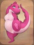  2022 anthro anus bedroom_eyes bird&#039;s-eye_view breasts dinosaur featureless_breasts female full-length_portrait genitals hand_behind_head hi_res high-angle_view honeymono looking_at_viewer lying narrowed_eyes nude nude_anthro nude_female on_back one_leg_up pink_body portrait presenting presenting_pussy pussy raised_leg reptile scalie seductive slightly_chubby solo urusei_yatsura 