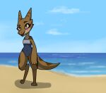  2019 anthro beach blue_clothing blush blush_lines brown_body brown_eyes brown_scales brown_tail clothing cloud dark_tail day detailed_background eyelashes female grey_clothing happy horn kobold markings navel open_mouth outside paws sand scales scalie sea seaside sky smile solo squablodecomplash swimwear tail_markings water wiggles_(squablodecomplash) 