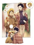  ... 2boys ? alternate_costume audio_jack black_hair blue_hair blue_shirt chizuko_(chiduk0) couple dark_blue_hair earplugs earrings eating facial_hair food food_on_face hands_up hat implied_yaoi jacket jacket_on_shoulders jewelry long_sleeves male_focus monkey_d._luffy multiple_boys one_piece panels plaid plaid_shirt pointing shirt speech_bubble straw_hat trafalgar_law watch wiping wristwatch yellow_eyes 