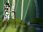  2019 4_ears anthro bovid breasts brown_clothing caprine clothing detailed_background digital_media_(artwork) eyelashes eyeshadow female florest fur gloves_(marking) goat grass green_eyes hair kindred_(lol) league_of_legends leg_markings makeup mammal markings multi_ear plant purple_body purple_fur purple_hair purple_markings riot_games river smile socks_(marking) solo squablodecomplash staff tayja_(squablodecomplash) tree underwear video_games white_body white_fur 