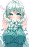  1girl absurdres aqua_eyes aqua_sweater artist_name bang_dream! bangs blush braid breasts closed_mouth commentary_request embarrassed hands_up highres holding holding_hair large_breasts long_hair long_sleeves looking_at_viewer low_twin_braids low_twintails raised_eyebrows shirt signature sleeveless sleeveless_sweater sleeveless_turtleneck solo speech_bubble spoken_blush straight-on sweater translated turtleneck turtleneck_sweater twin_braids twintails upper_body wakamiya_eve wavy_mouth white_hair white_shirt ya-man 