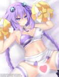  1girl blue_archive blue_eyes blush braid breasts cheerleader choujigen_game_neptune collar cosplay gabriel_evangel hair_ornament hair_ribbon hibiki_(cheerleader)_(blue_archive) hibiki_(cheerleader)_(blue_archive)_(cosplay) highres large_breasts lying microskirt navel neptune_(series) no_panties on_back pom_pom_(cheerleading) purple_hair purple_heart ribbon skindentation skirt solo spread_legs symbol-shaped_pupils thighhighs twin_braids white_background white_thighhighs 