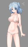  1girl absurdres alternate_costume arm_behind_back bikini blue_eyes blue_hair breasts cleavage closed_mouth double_bun grabbing_own_arm grey_background hair_bun highres kantai_collection large_breasts looking_at_viewer maru_(marg0613) nipples one-hour_drawing_challenge see-through short_hair side-tie_bikini_bottom simple_background solo swimsuit twitter_username urakaze_(kancolle) white_bikini 