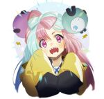 1girl :d bangs blurry blush commentary_request green_hair iono_(pokemon) jacket long_hair looking_at_viewer narita_imomushi open_mouth pokemon pokemon_(game) pokemon_sv purple_eyes purple_hair sharp_teeth sleeves_past_fingers sleeves_past_wrists smile solo teeth upper_body yellow_jacket 