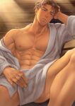  1boy abs bathrobe blue_eyes blush brown_hair highres large_pectorals male_focus mondi_hl muscular muscular_male navel nipples original pectorals revealing_clothes sauna short_hair sitting solo twitter_username 