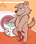  2022 anthro appliance bandanna biped brown_body brown_fur butt canid canine canis clothing digital_media_(artwork) domestic_dog eyebrows family_guy fur hamper inside kerchief male mammal new_brian nude pinup pose smile solo the-alfie-incorporated washing_machine 