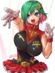  1girl amania_orz blue_eyes breasts character_request copyright_request earrings gloves green_hair gundam hair_ornament highres jewelry large_breasts multicolored_hair red_hair short_hair signature skirt solo twitter_username two-tone_hair upper_body white_background 