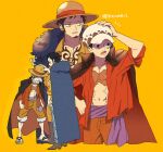  2boys black_eyes black_hair chest_tattoo chizuko_(chiduk0) coat coat_on_shoulders facial_hair hand_on_headwear hand_on_hip hat hat_removed headwear_removed headwear_switch holding holding_clothes holding_hat looking_at_another male_focus monkey_d._luffy multiple_boys multiple_views one_piece open_clothes open_shirt red_shirt sandals sash scar scar_on_chest shade shirt straw_hat tattoo trafalgar_law yellow_background yellow_eyes yellow_shirt 