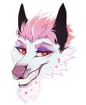  2020 anthro artist_name black_ears blue_body blue_fur canid dated fangs fur glistening glistening_eyes grin hair headshot_portrait hi_res light_body light_fur looking_aside male mammal pink_body pink_fur pink_hair pink_nose pink_sclera portrait red_eyes santanahoffman short_hair simple_background smile solo white_background 