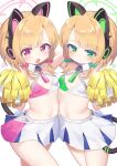  2girls :o animal_ear_headphones animal_ears arm_behind_head arm_up bare_shoulders blonde_hair blue_archive blue_bow bow breasts character_name cheerleader closed_mouth commentary_request cosplay fake_animal_ears green_eyes hair_bow halo hand_up hibiki_(blue_archive) hibiki_(blue_archive)_(cosplay) hibiki_(cheerleader)_(blue_archive) hibiki_(cheerleader)_(blue_archive)_(cosplay) highres holding kokone_(coconeeeco) looking_at_viewer midori_(blue_archive) momoi_(blue_archive) multiple_girls navel open_mouth pleated_skirt pom_pom_(cheerleading) red_bow red_eyes siblings simple_background sisters skirt small_breasts star_(symbol) tail twins v-shaped_eyebrows white_background white_skirt 