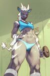  2022 abs anthro anthrofied athletic athletic_anthro athletic_female bodily_fluids bra breasts camel_toe cleavage clothed clothing equid equine female generation_5_pokemon hand_on_hip hi_res kuroi_kamome locker locker_room looking_at_viewer low-angle_view mammal midriff nintendo pokemon pokemon_(species) pokemorph portrait solo sports_bra sweat three-quarter_portrait towel underwear video_games weights zebstrika 
