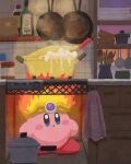  boiling bottle cooking cooking_pot evening fire fire_kirby frying_pan highres indoors jar kirby kirby_(series) kitchen miclot no_humans shelf spilling steam stove towel utensil window 