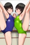  2girls absurdres arm_up armpits black_hair blush breasts brown_eyes closed_mouth highres holding_hands interlocked_fingers leg_up long_hair looking_at_viewer matsunaga_kouyou multiple_girls original short_hair small_breasts smile split standing standing_on_one_leg standing_split 