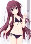  1girl artist_name bikini black_bikini brown_hair character_name commentary_request cowboy_shot flat_chest front-tie_bikini_top front-tie_top highres inaba_shiki kantai_collection kisaragi_(kancolle) long_hair looking_at_viewer purple_eyes side-tie_bikini_bottom smile solo standing swimsuit thigh_gap 