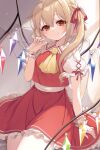  1girl ascot bangs blonde_hair closed_mouth crystal fang flandre_scarlet haruki_(colorful_macaron) highres looking_at_viewer one_side_up red_eyes red_skirt red_vest shirt skirt smile solo touhou vest white_shirt wings wrist_cuffs yellow_ascot 
