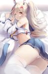  1girl :o arm_up ass ayanami_(azur_lane) azur_lane bandaid bandaid_on_arm bed_sheet blue_sailor_collar blue_skirt blush brown_hair commentary_request dated detached_sleeves feet_out_of_frame hair_ornament hairclip hand_up headgear highres long_hair long_sleeves looking_at_viewer looking_to_the_side natuna_natu panties parted_lips pleated_skirt ponytail red_eyes sailor_collar shirt skirt sleeveless sleeveless_shirt solo thighhighs underwear very_long_hair white_panties white_shirt white_sleeves white_thighhighs wide_sleeves 
