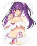  1girl ahoge bikini breasts cropped_legs eating fate/grand_order fate_(series) flower food food_on_face hair_flower hair_ornament highres ice_cream_cone large_breasts long_hair navel purple_hair red_eyes scathach_(fate) scathach_skadi_(swimsuit_ruler)_(fate) scathach_skadi_(swimsuit_ruler)_(first_ascension)_(fate) swimsuit twintails uxco0 