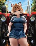  1girl absurdres almondrake alternate_costume animal_ears bangs bare_arms blonde_hair blue_overalls blush brown_hair closed_mouth contemporary cowboy_shot day ground_vehicle head_tilt highres jaguar_(kemono_friends) jaguar_ears kemono_friends looking_at_viewer motor_vehicle multicolored_hair outdoors overall_shorts overalls shirt short_hair short_sleeves sitting smile solo tractor tree white_hair yellow_eyes 