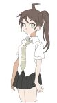  1girl ahoge arare_(op_ed_000) bangs black_skirt brown_eyes brown_hair collared_shirt cropped_legs danganronpa_(series) danganronpa_2:_goodbye_despair genderswap genderswap_(mtf) green_necktie grey_background highres hinata_hajime long_hair miniskirt necktie ponytail shirt short_sleeves simple_background skirt solo white_shirt 