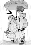  1boy 1girl animal_ears ass backpack bag blush bow bowtie breasts cleavage fake_animal_ears greyscale high_heels highres hood hooded_jacket inui_achu jacket large_breasts long_hair male_child monochrome original playboy_bunny rabbit_ears rain raincoat see-through squatting thighhighs umbrella wrist_cuffs 