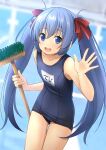  1girl :d bangs bare_arms bare_shoulders blue_eyes blue_hair blue_one-piece_swimsuit blurry blurry_background bow broom collarbone commentary_request commission depth_of_field hair_between_eyes hair_bow highres holding holding_broom long_hair looking_at_viewer old_school_swimsuit one-piece_swimsuit original red_bow school_swimsuit shibacha skeb_commission smile solo standing swimsuit teeth thigh_gap twintails upper_teeth very_long_hair 
