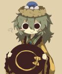  ? black_eyes black_headwear blush buttons diamond_(shape) diamond_button egg green_hair green_skirt hat highres holding holding_clothes holding_hat komeiji_koishi medium_hair nest ribbon shirt skirt smile third_eye touhou yellow_ribbon yellow_shirt zunusama 