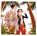  2boys ^_^ arm_tattoo black_hair chizuko_(chiduk0) closed_eyes couple facial_hair grin hand_on_eyewear hand_up hawaiian_shirt holding_hands long_sleeves male_focus monkey_d._luffy multiple_boys one_piece open_clothes open_shirt outdoors palm_tree sash scar scar_on_chest shirt short_hair short_sleeves smile sunglasses tattoo trafalgar_law tree wave_print yaoi 