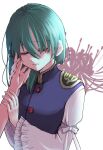  1girl 1other asymmetrical_hair closed_eyes closed_mouth epaulettes flower green_hair highres holding_another&#039;s_arm juliet_sleeves long_sleeves puffy_sleeves shiki_eiki short_hair shouko_(airen) solo_focus spider_lily touhou upper_body white_background 