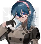  1girl bangs blue_eyes blue_hair breasts byleth_(fire_emblem) byleth_(fire_emblem)_(female) closed_mouth fire_emblem fire_emblem:_three_houses garreg_mach_monastery_uniform glasses gloves hairband highres itou_(very_ito) large_breasts long_sleeves looking_at_viewer medium_hair official_alternate_costume simple_background smile solo uniform upper_body 