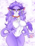  anthro belladonna_(trials_of_mana) breasts cassielink ear_piercing ear_ring eyeshadow featureless_breasts featureless_crotch felid feline female fluffy_chest fur fur_pattern hi_res inner_ear_fluff jewelry makeup mammal navel necklace pattern_background piercing pinup pose pupils purple_body purple_fur red_sclera ring_piercing simple_background slit_pupils smile solo tail_tuft trials_of_mana tuft white_body white_fur wide_hips yellow_eyes 