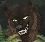  anthro artist_name blurred_background blurred_foreground brown_body brown_ears brown_fur brown_inner_ear_fluff fangs fern front_view fur glistening glistening_eyes glowing glowing_eyes green_eyes grey_nose head_tuft hi_res inner_ear_fluff male neck_tuft open_mouth red_tongue santanahoffman sharp_teeth solo species_request teeth tongue tuft 
