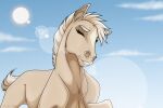  2022 ambiguous_gender arzi_(wasen) digital_media_(artwork) drizer equid equine eyebrows eyes_closed feral hair happy horse lens_flare mammal mane raised_leg short_tail simple_background smile solo sun teeth 