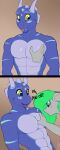  abs absurd_res anthro blood blush bodily_fluids booponies dragon duo equid equine green_hair grope hair hi_res horn horse male male/male mammal muscular nosebleed solo trivial_pursuit_(oc) 