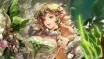  aqua_eyes blonde_hair branch breasts cleavage detached_sleeves dress dungeon_and_fighter elven_knight_(dungeon_and_fighter) flower gloves green_dress hair_behind_ear headdress highres holding holding_weapon keto_cactus knight_(dungeon_and_fighter) long_hair looking_ahead medium_breasts open_mouth pink_flower pointy_ears rose smile weapon white_flower white_gloves white_rose 