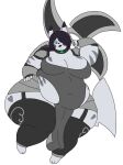  anthro armor big_breasts black_hair black_lips breasts clothed clothing collar fan_character female fully_clothed fur garter_straps generation_1_pokemon green_eyes grey_body grey_fur grey_stripes hair hair_over_eye hi_res holding_object holding_weapon legwear lips male_(lore) mammal nintendo obese obese_anthro obese_female one_eye_obstructed overweight overweight_anthro overweight_female pikachu pokemon pokemon_(species) pokemorph ranged_weapon rodent shuriken solo striped_body striped_fur stripes thick_thighs thigh_highs vapor_smoke vdisco video_games weapon wide_hips 