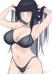  1girl absurdres armpits arms_up bangs bare_arms bare_shoulders black_bra black_hair black_panties blunt_bangs blush bra breasts byeon_dha commentary cowboy_shot groin hands_in_hair highres hyuuga_hinata large_breasts long_hair looking_at_viewer naruto_(series) naruto_shippuuden navel panties pink_lips simple_background solo standing stomach underwear underwear_only very_long_hair white_background white_eyes 