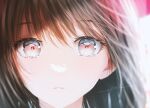  1girl bangs blurry blurry_background brown_hair close-up commentary_request highres light looking_at_viewer medium_hair ojay_tkym original parted_lips signature solo tearing_up 